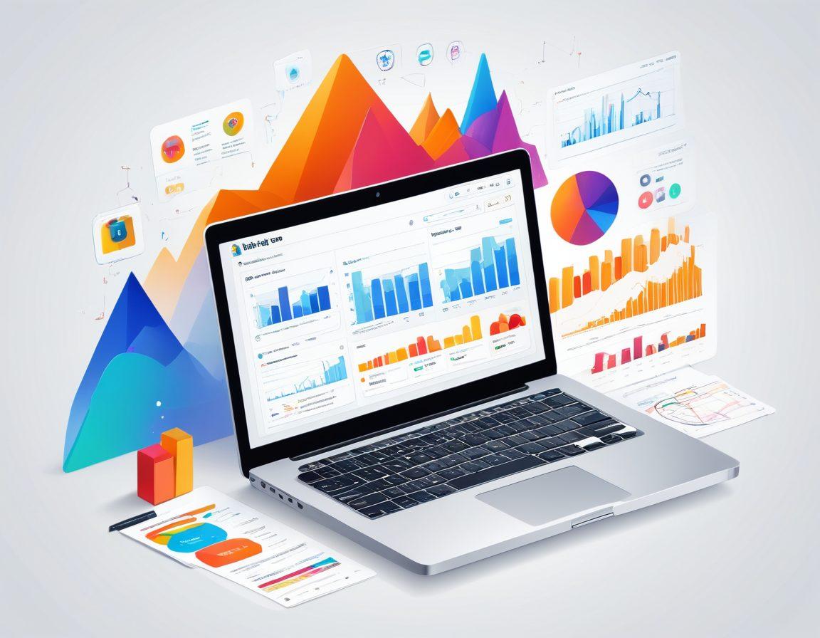 A dynamic web interface showing Tika's analytic tools in action, with graphs and charts highlighting visitor tracking data and user behavior patterns. Include a laptop with the Tika logo, surrounded by icons of satisfied users and upward-trending graphs. Colors should be vibrant, giving a sense of growth and success. vector art. vibrant colors. white background.
