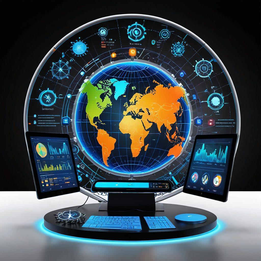 A futuristic digital dashboard filled with sleek charts, graphs, and analytics tools, all set against a backdrop of a glowing globe connected with interlocking networks. Website icons, SEO gears, and optimization tools orbiting the globe. The whole scene is vibrant and immersive, hinting at innovation and advanced technology. super-realistic. vibrant colors. white background.